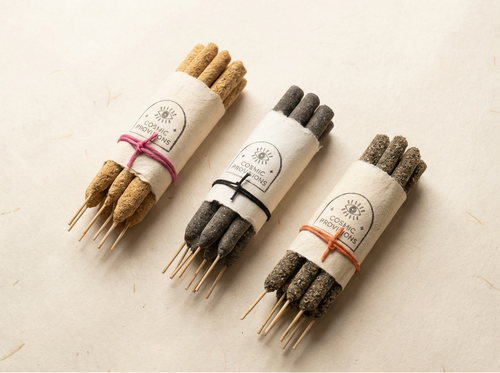 Cosmic Provisions handrolled incense bundles — Palo Santo, Black Copal, and Palo Santo Myrrh — made with sacred resins in Cusco, Peru