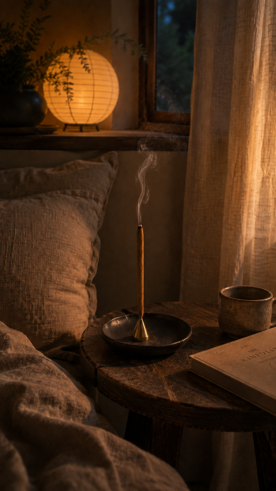 A warm, cozy bedroom scene at night with a lit incense burner on a small wooden table beside a bed. A glowing paper lantern lamp sits on a shelf in the background, and a book and cup rest on the table under soft window light.